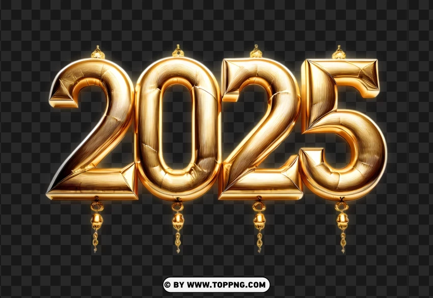 Golden 2025 Numbers With Hanging Ornaments PNG Transparent Background