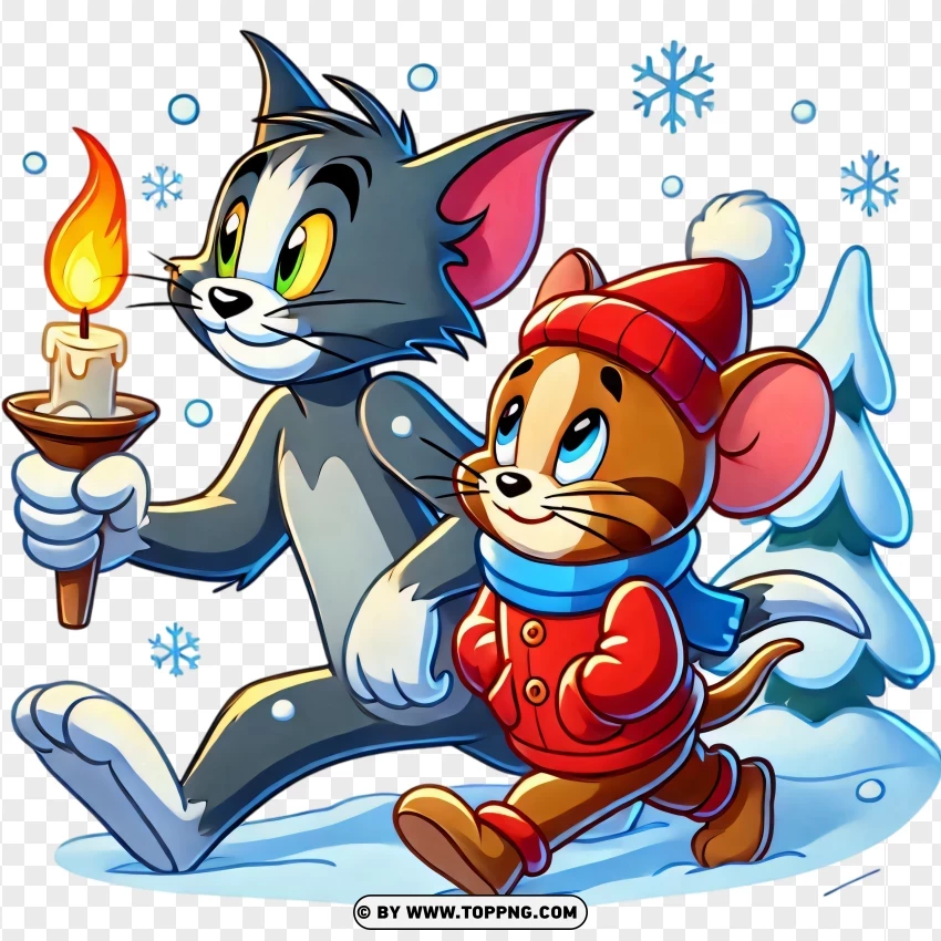 Tom And Jerry Lighting A Candle In Snow PNG Transparent Background