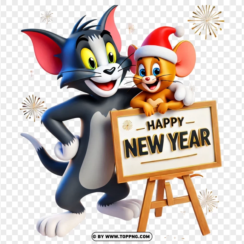 Tom And Jerry Wishing Happy New Year With Signboard PNG Transparent Background