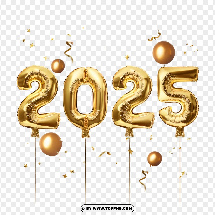 Shiny Gold Happy 2025 Celebration Balloons PNG Transparent Background