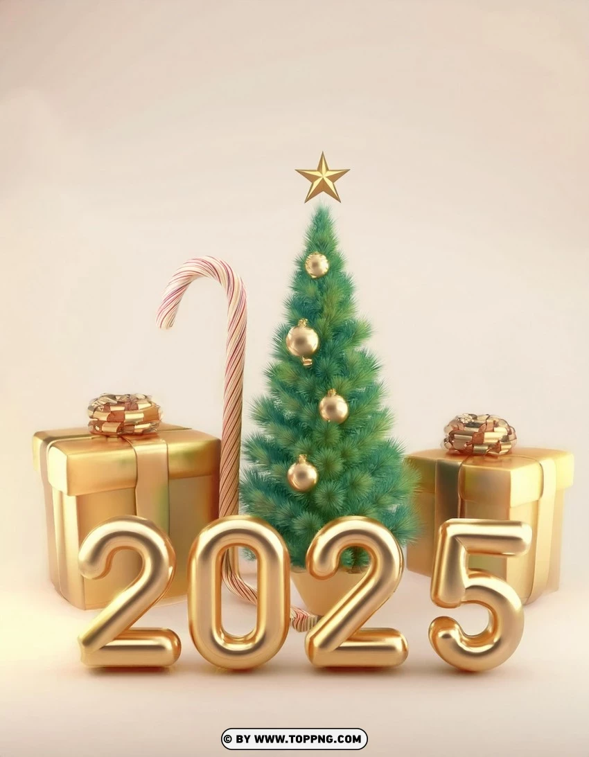 Golden Gifts And Tree 2025 Celebration Card PNG Transparent Background