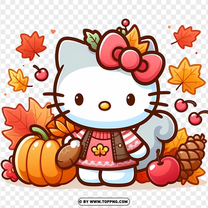 Hello Kitty Autumn Leaves And Pumpkins PNG Transparent Background