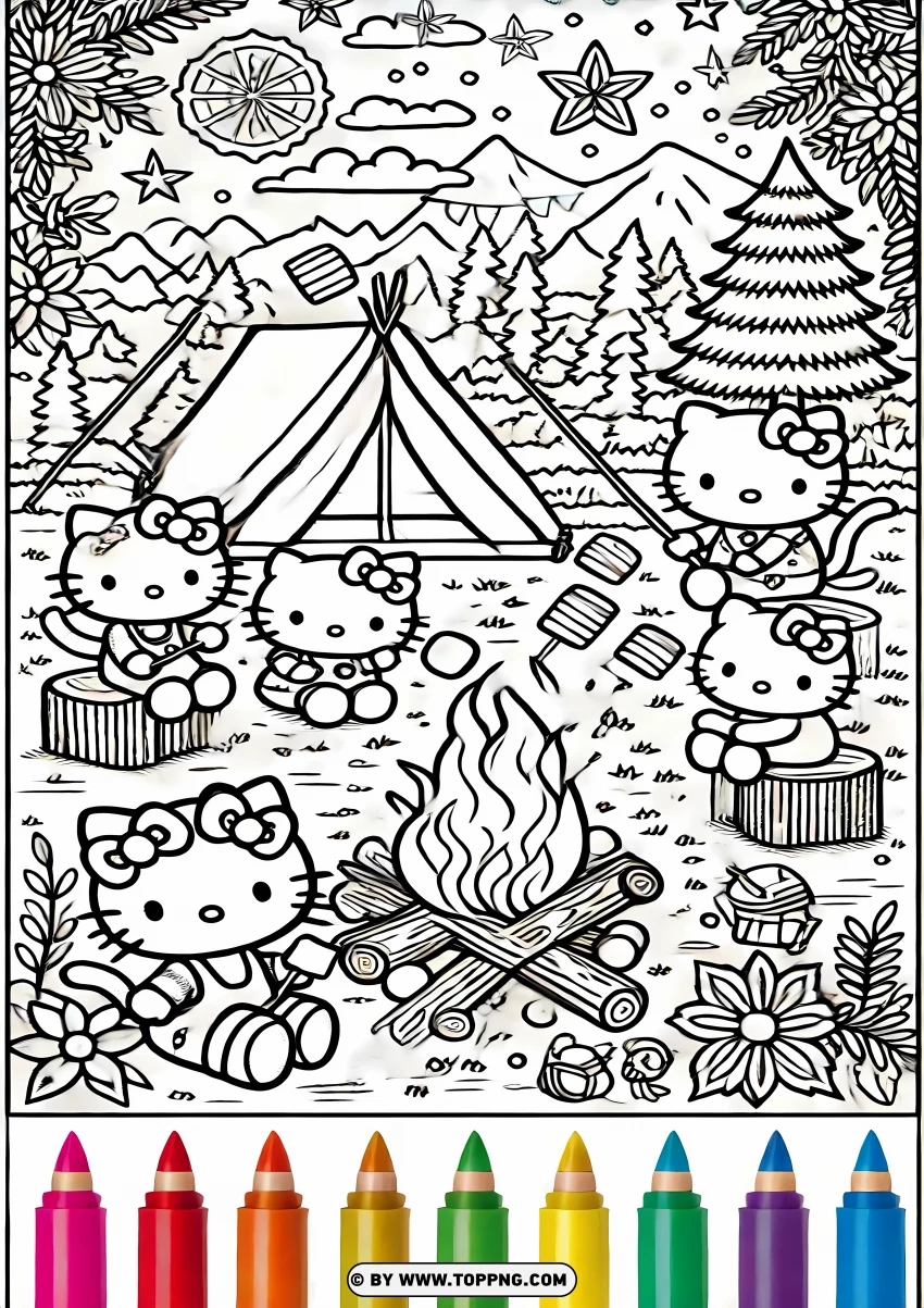 Hello Kitty Camping Scene Coloring Page PNG Transparent Background