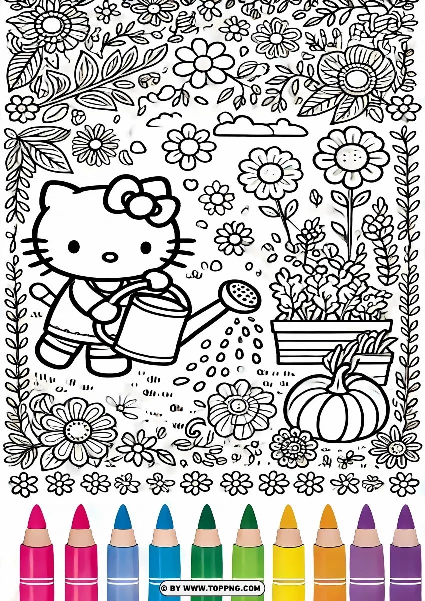 Hello Kitty Gardening Coloring Page PNG Transparent Background