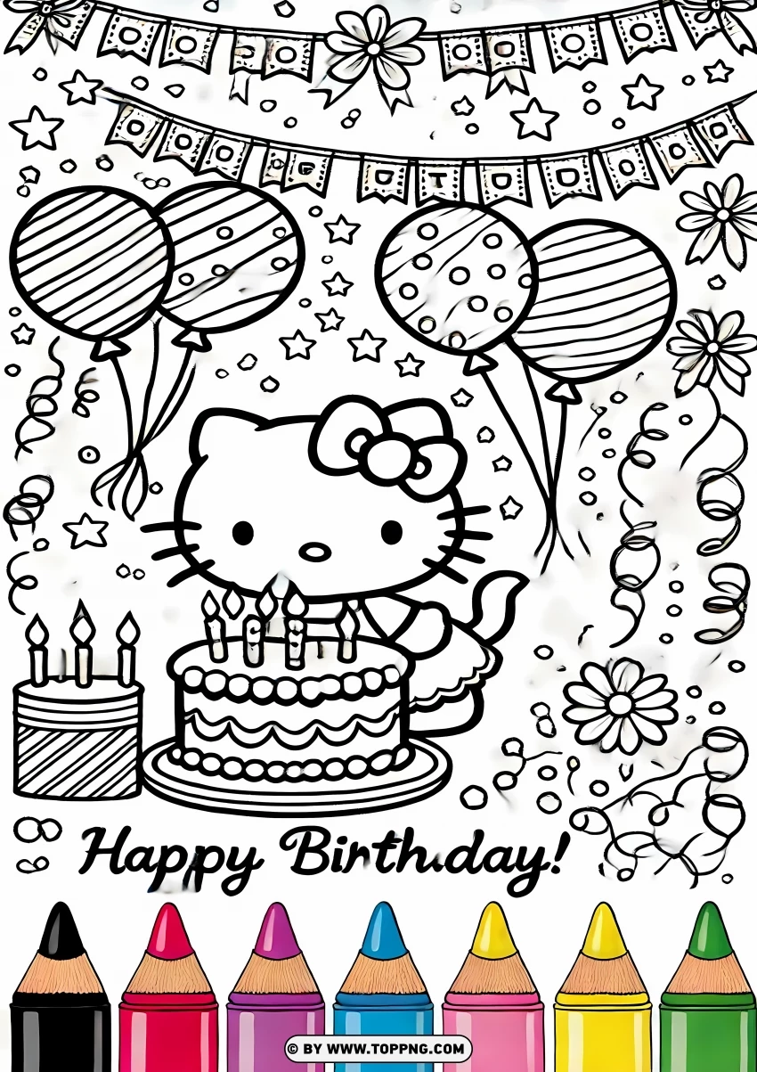 Hello Kitty With Birthday Cake Coloring Page PNG Transparent Background