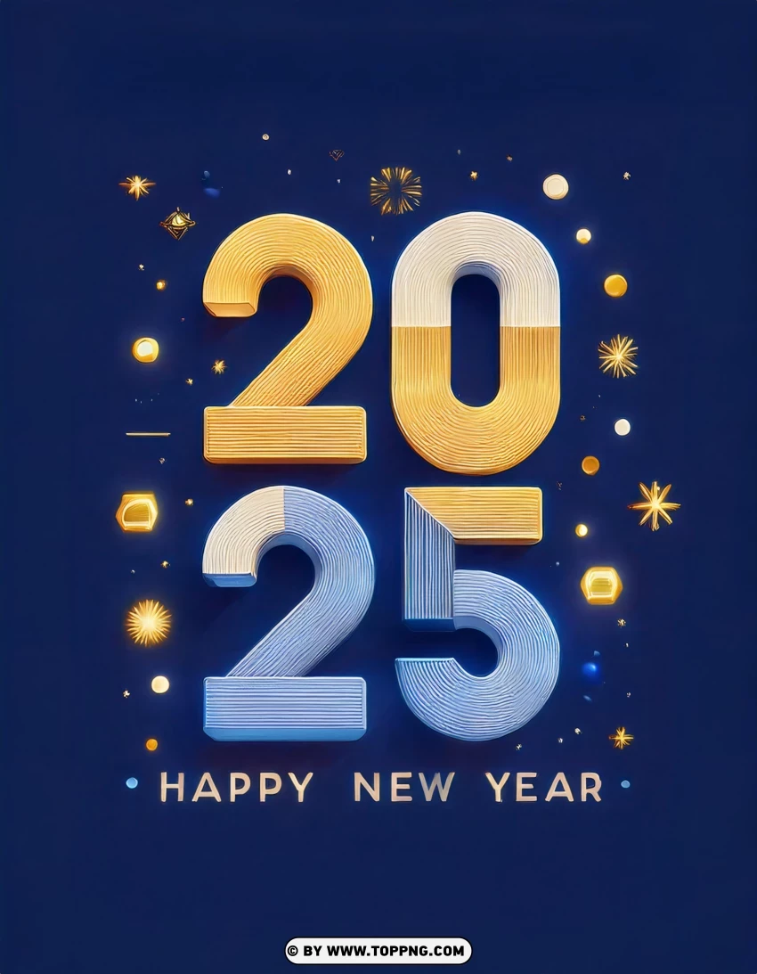 Blue And Gold 2025 New Year Greeting With Stars PNG Transparent Background