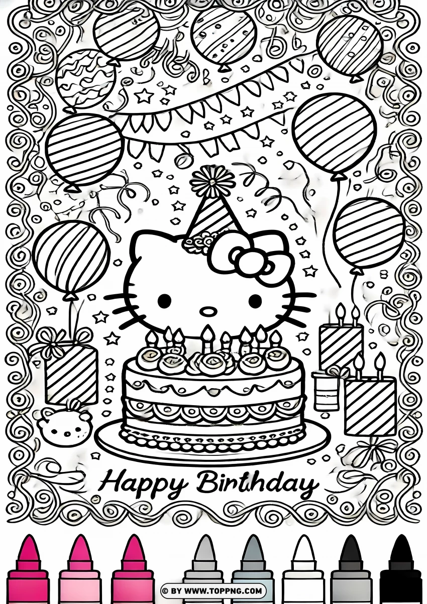 Hello Kitty Birthday Party Coloring Page PNG Transparent Background