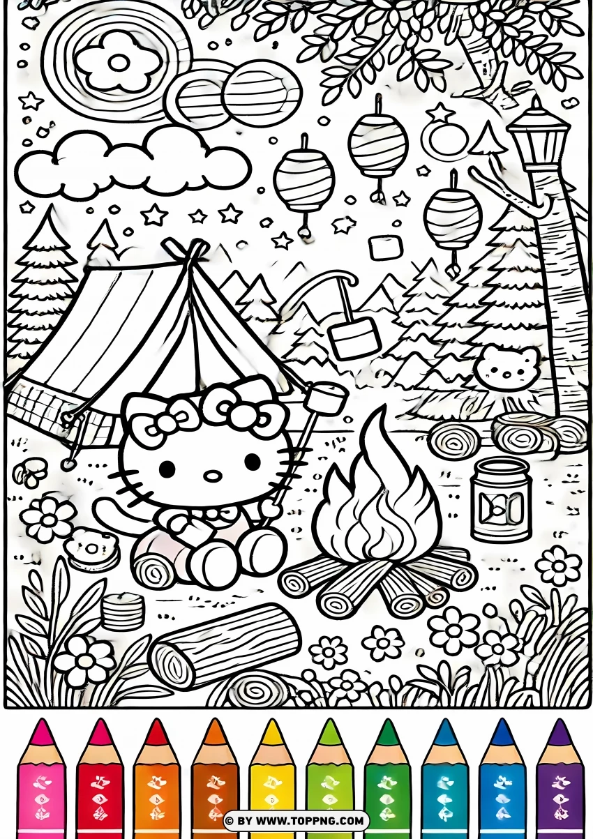 Hello Kitty Camping Scene Coloring Page PNG Transparent Background