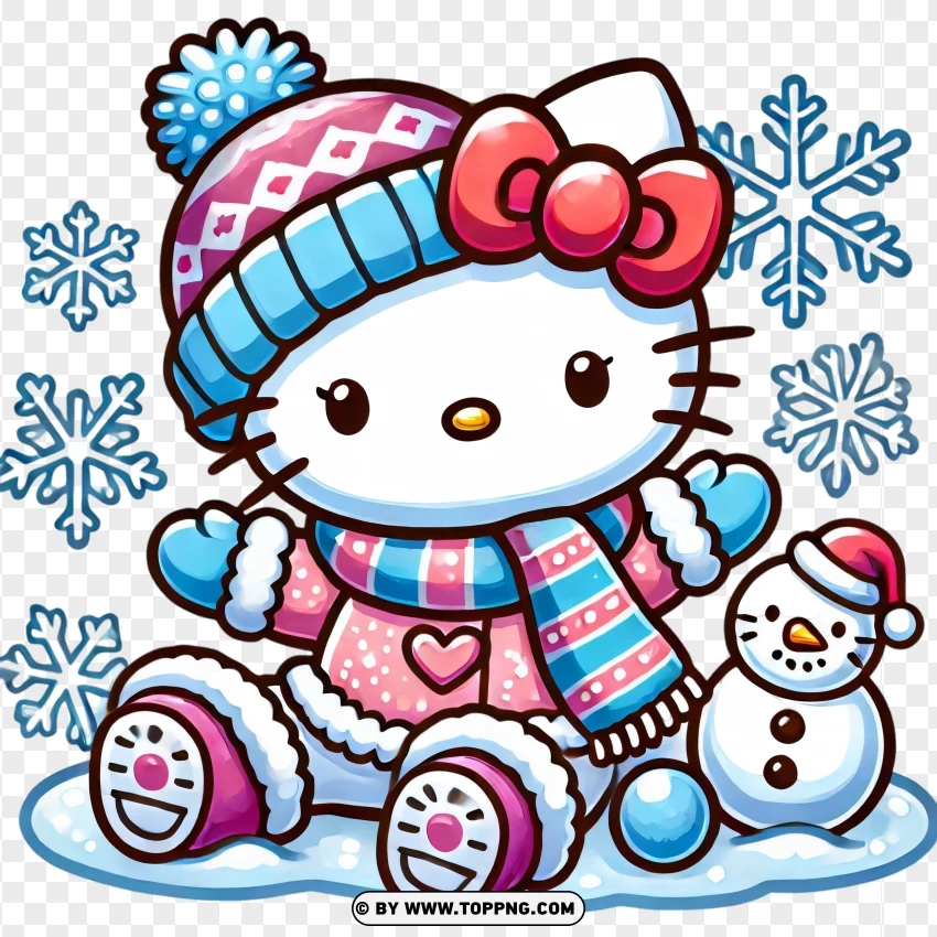 Hello Kitty Making A Snowman In Winter Outfit PNG Transparent Background