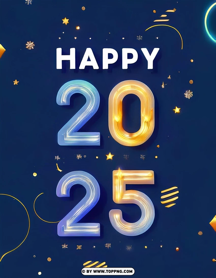 Golden Glow 2025 Happy New Year Greeting Card PNG Transparent Background