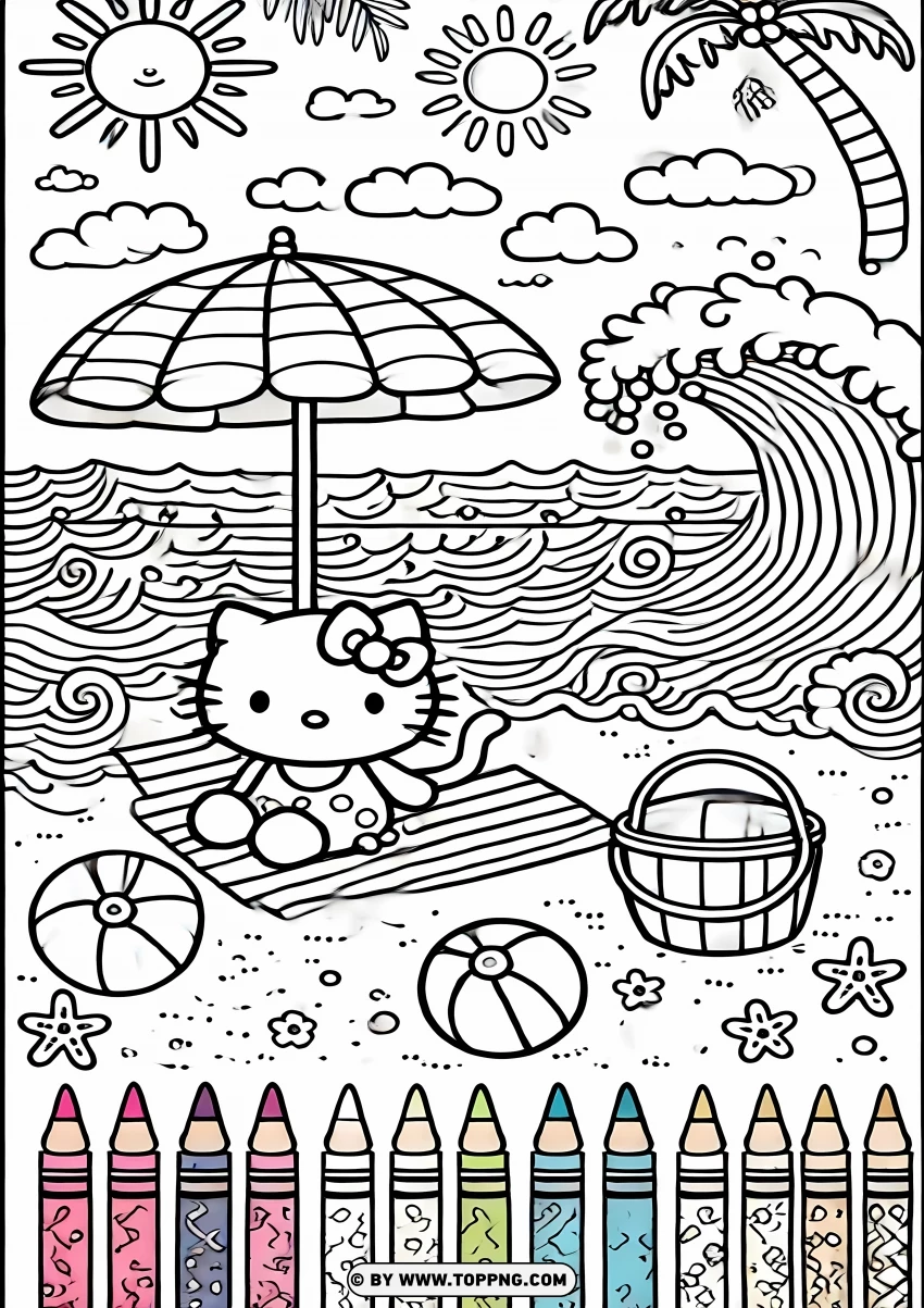 Hello Kitty With Beach Toys Coloring Page PNG Transparent Background