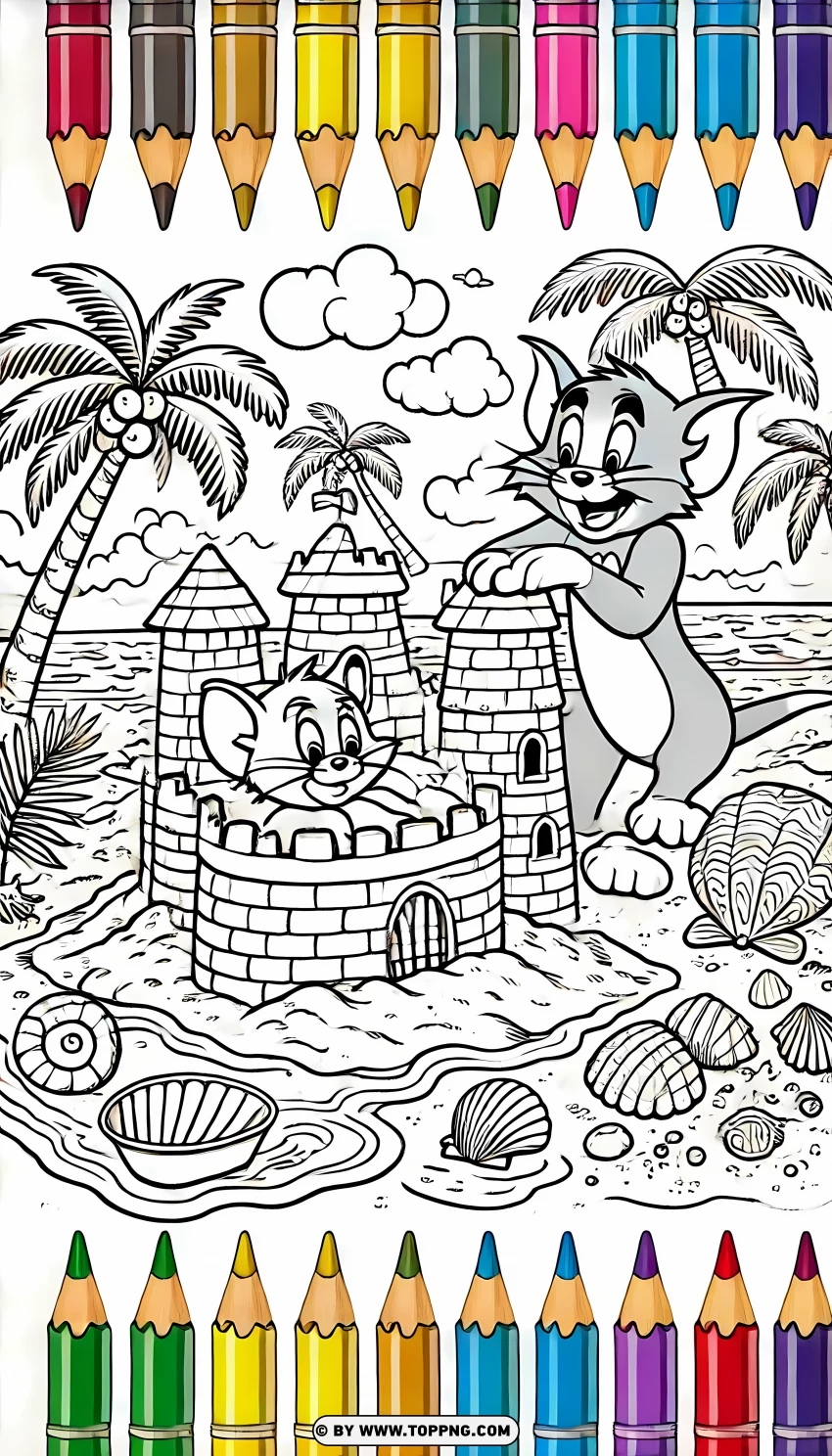 Tom And Jerry Sandcastle Adventure Coloring Page PNG Transparent Background