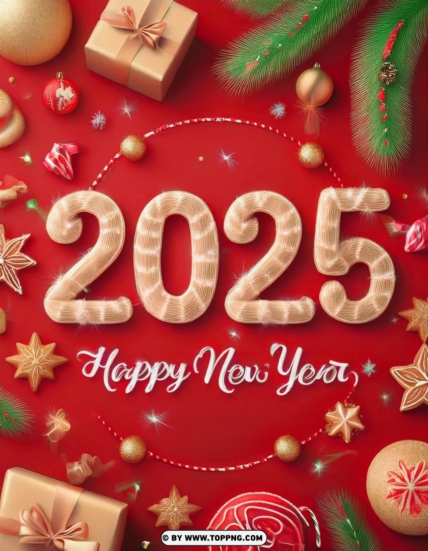 Red 2025 New Year Celebration Card PNG Transparent Background