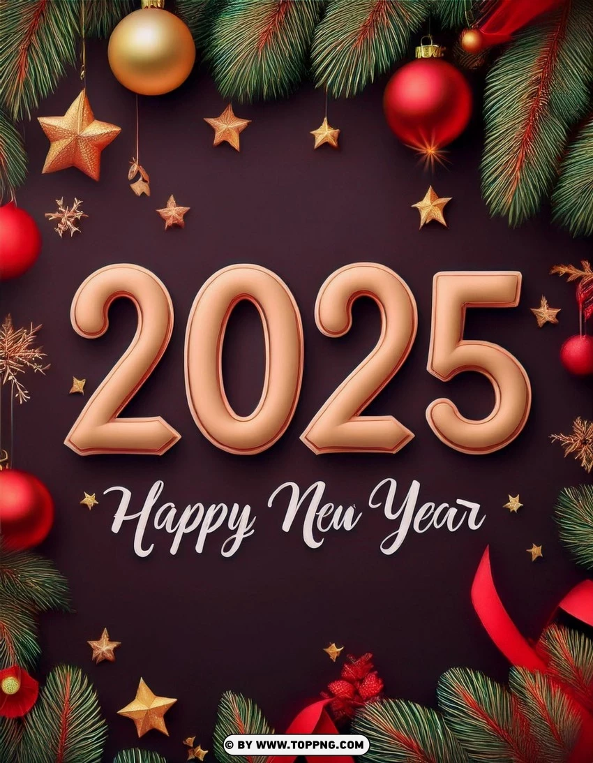 Pine Branches And Ornaments 2025 New Year Card PNG Transparent Background