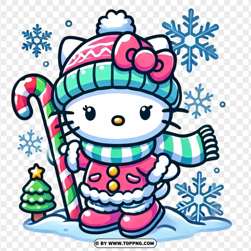 Hello Kitty Skating In Snow With Scarf Winter Illustration PNG Transparent Background