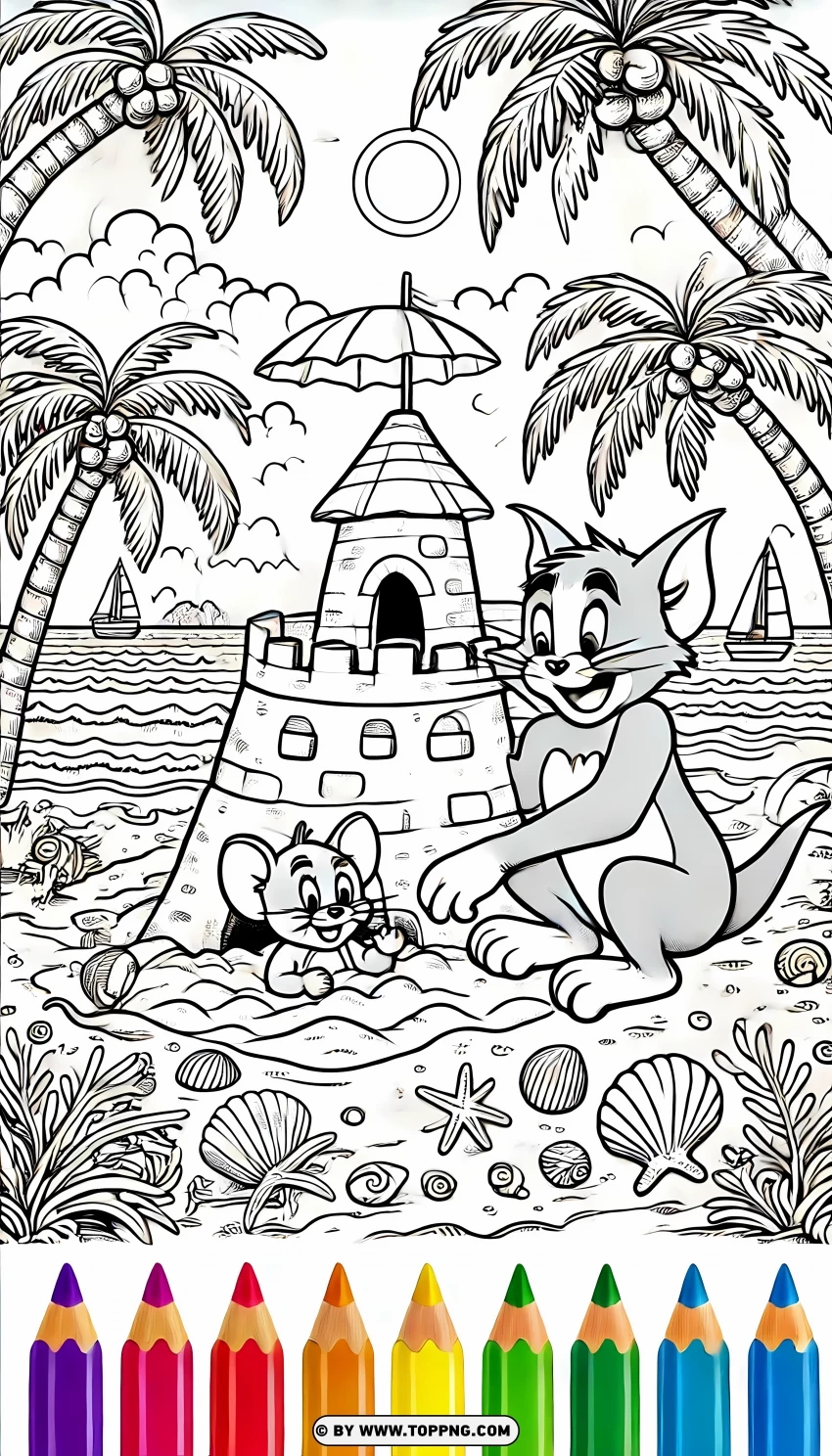 Tom And Jerry Beach Castle Coloring Page PNG Transparent Background