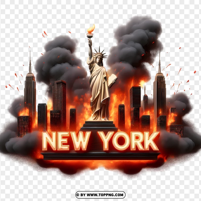 New York Skyline With Statue Of Liberty In Flames PNG Transparent Background