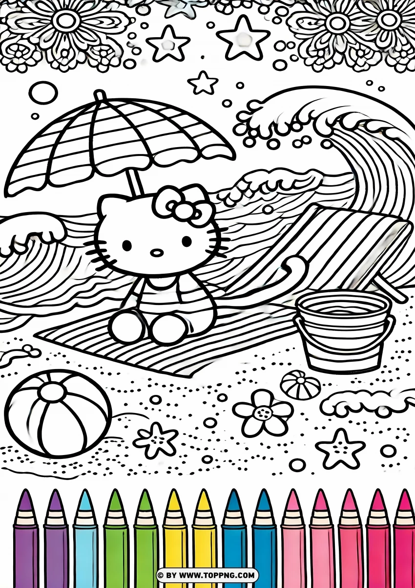 Hello Kitty Relaxing On The Beach Coloring Page PNG Transparent Background