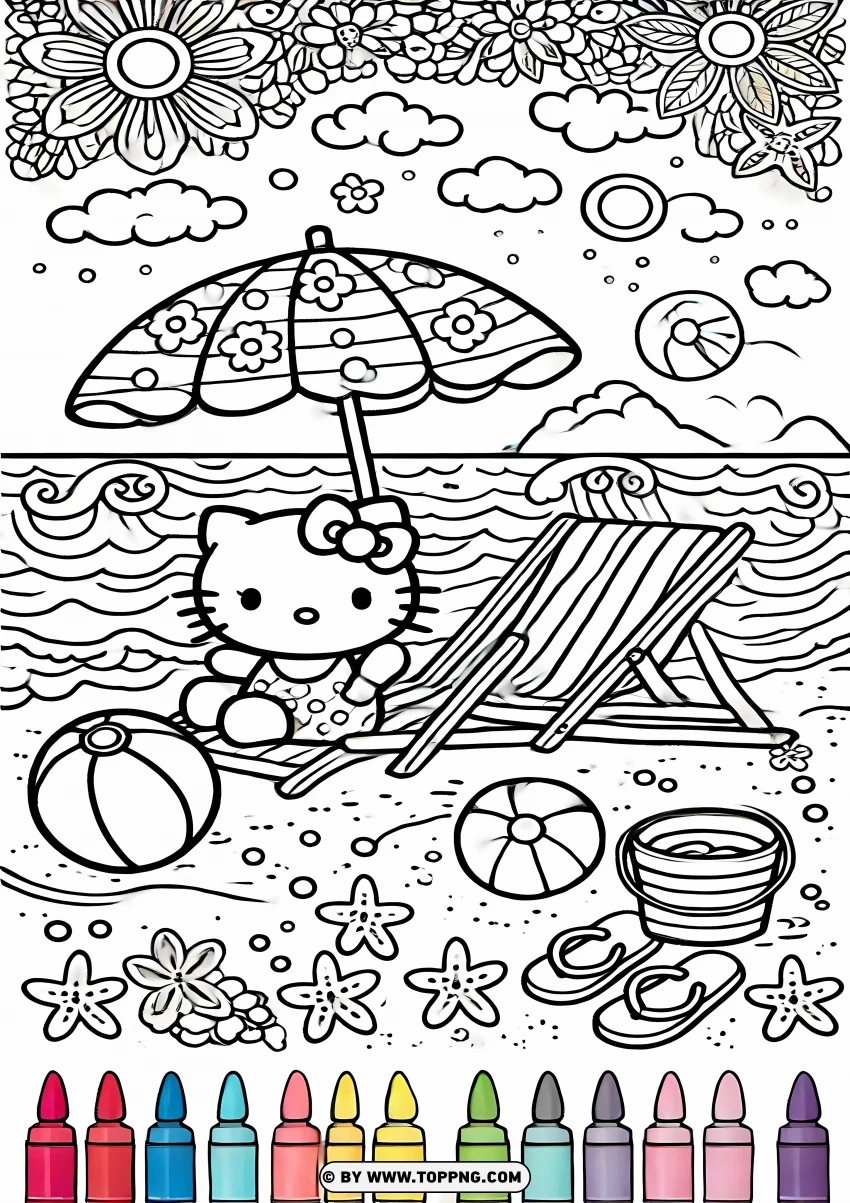 Hello Kitty Beach Fun Coloring Page PNG Transparent Background