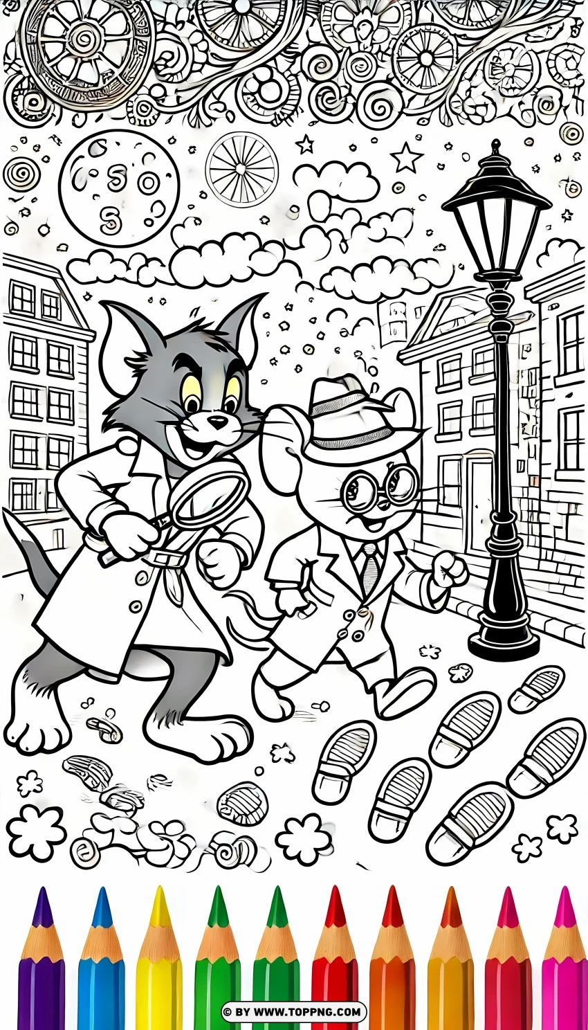 Tom And Jerry Detective Adventure Coloring Page PNG Transparent Background