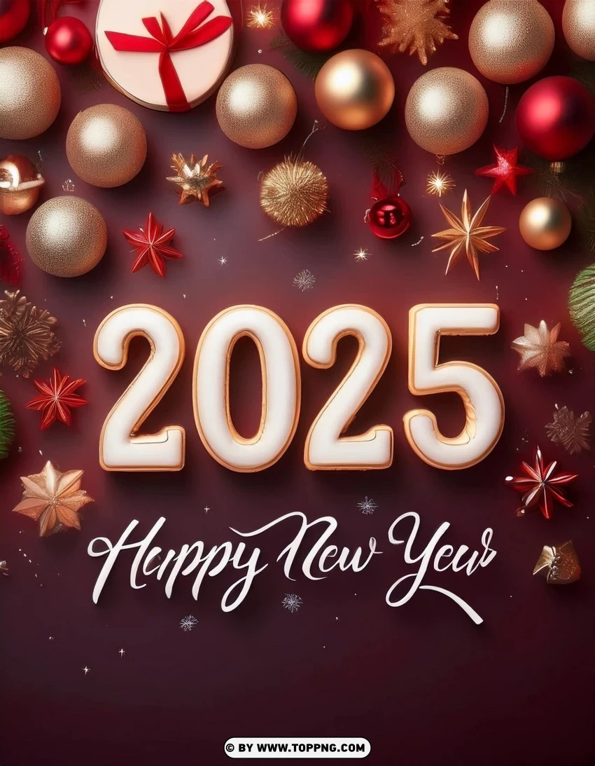 2025 New Year Card With Ornaments And Pine Branches PNG Transparent Background