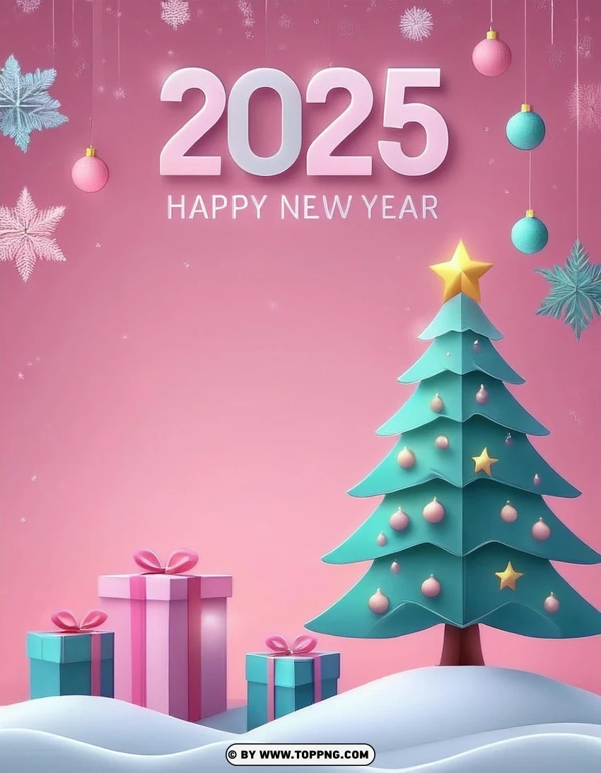 Happy New Year 2025 Card With Festive Decorations PNG Transparent Background