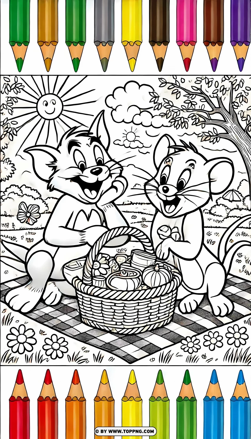 Tom And Jerry Outdoor Picnic Coloring Page PNG Transparent Background