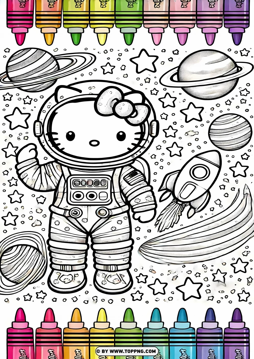 Hello Kitty Space Adventure Coloring Page PNG Transparent Background