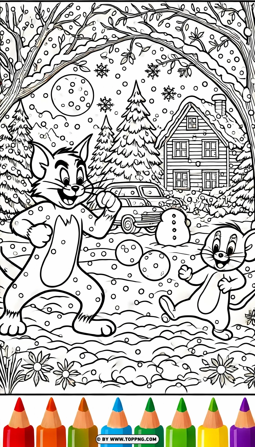 Tom And Jerry Winter Fun Coloring Page PNG Transparent Background