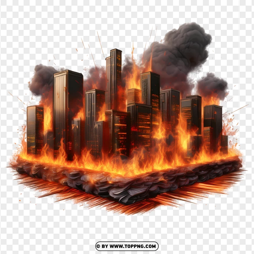 Burning Cityscape With Black Smoke And Fire PNG Transparent Background