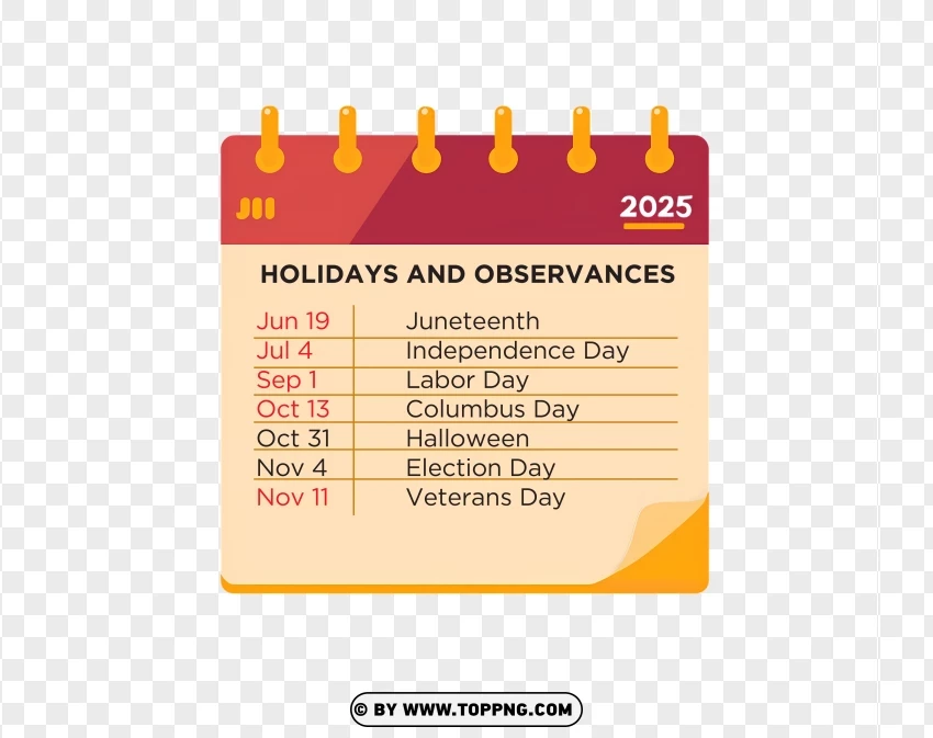 2025 Public Holidays And Events PNG Transparent Background