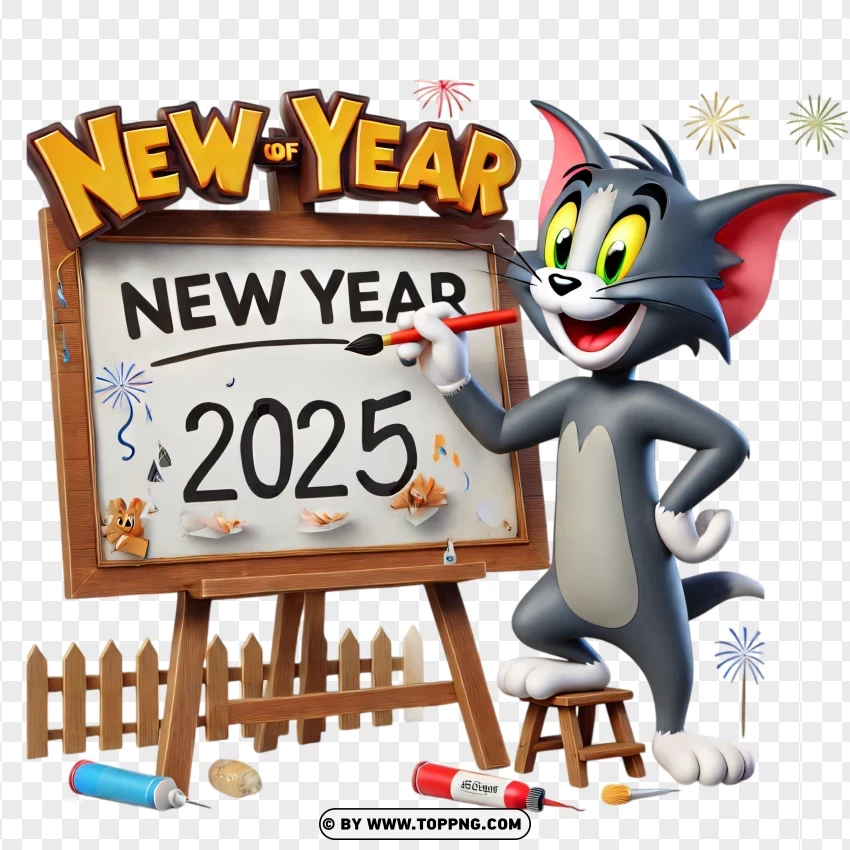 Tom And Jerry Holding A New Year 2025 Sign PNG Transparent Background