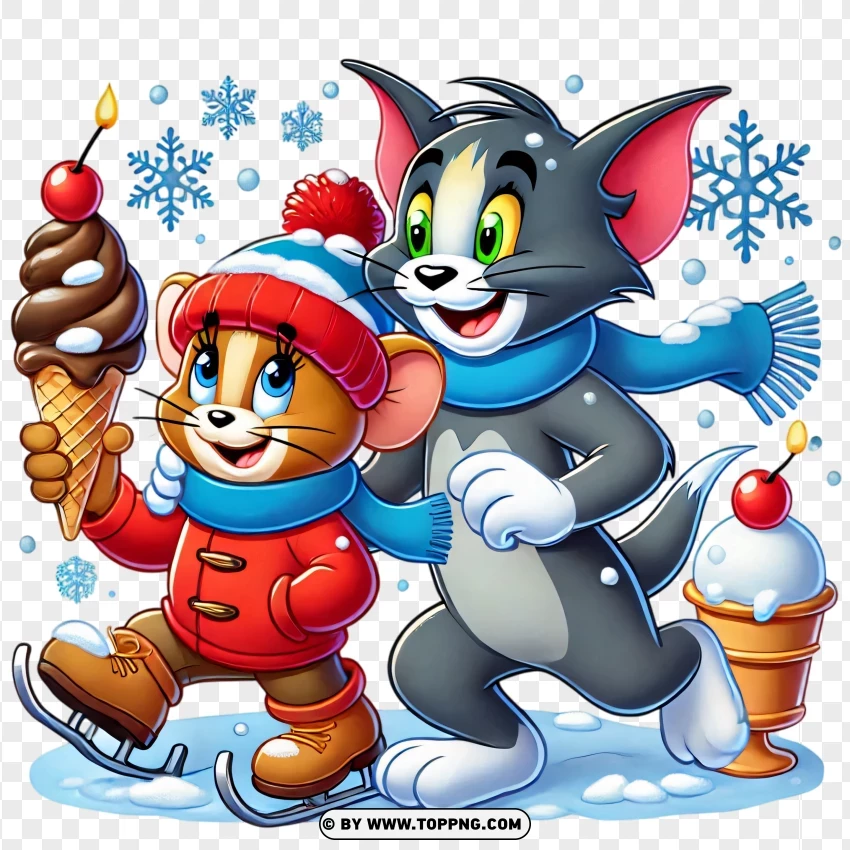 Tom And Jerry Enjoying Ice Cream In Snow PNG Transparent Background