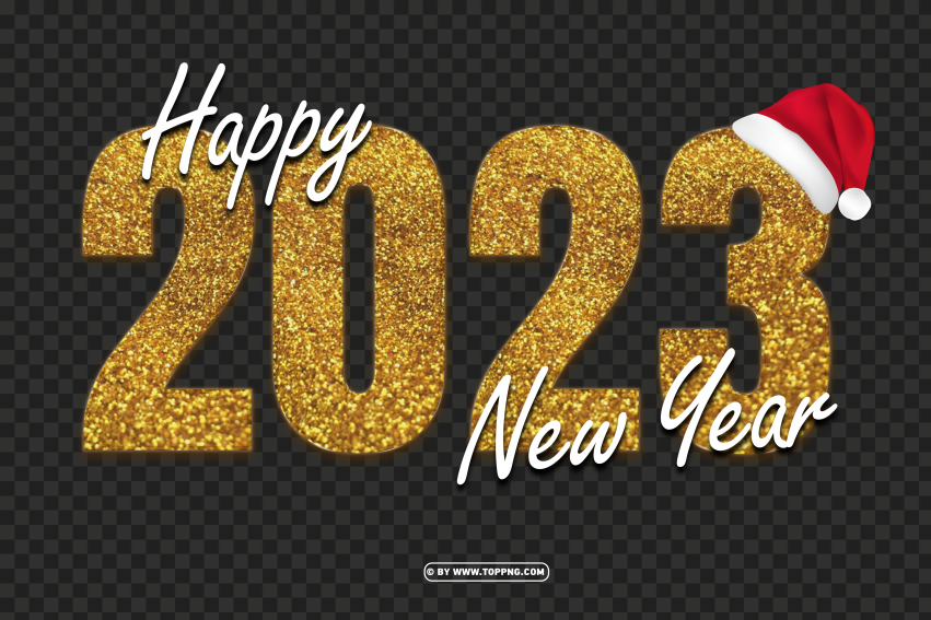 2023 Happy New Year Golden Glitter With Santa Hat PNG Transparent Background