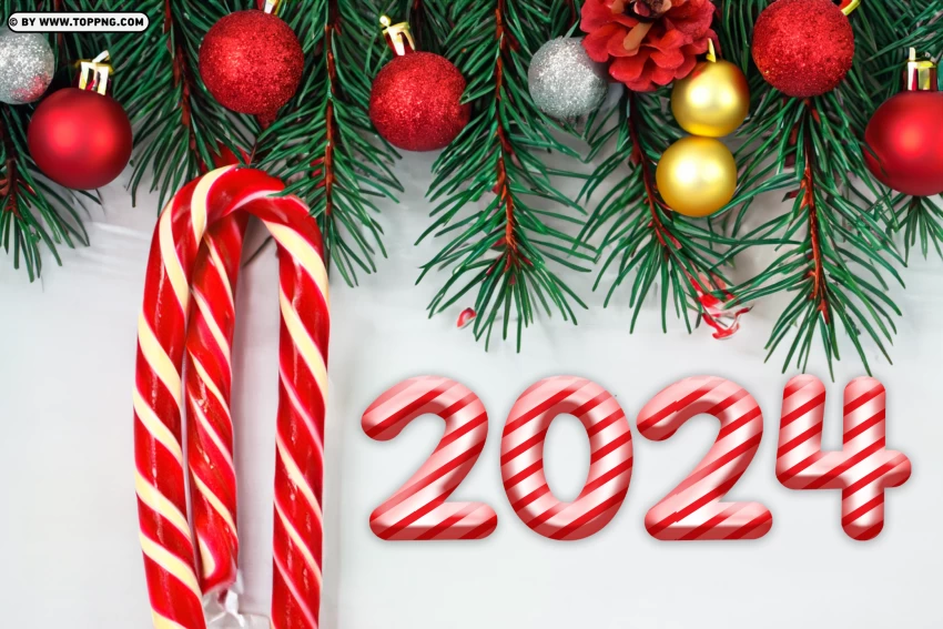 2024 Happy New Year With Candy Cane PNG Transparent Background