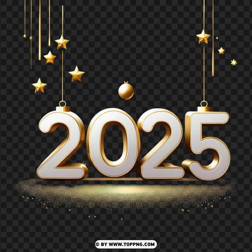 2025 Gold And White Hanging Stars And Baubles PNG Transparent Background