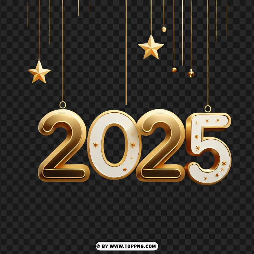 2025 Hanging Gold And White Numbers With Stars PNG Transparent Background