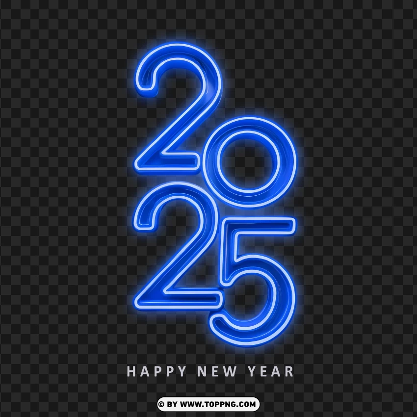 Happy New Year 2025 In Blue Neon Letters PNG Transparent Background