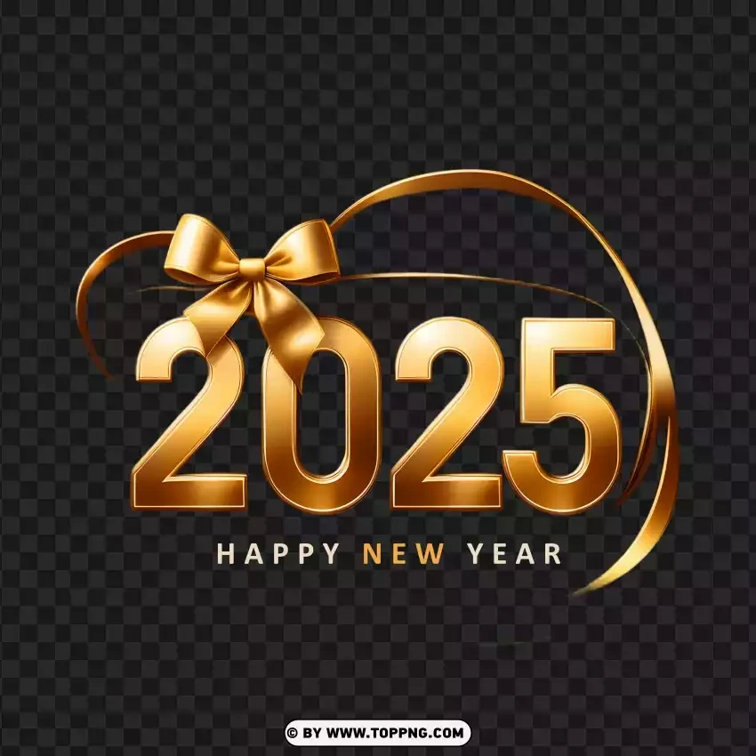 2025 Happy New Year Elegant Gold Ribbon And Bow Design On PNG Transparent Background