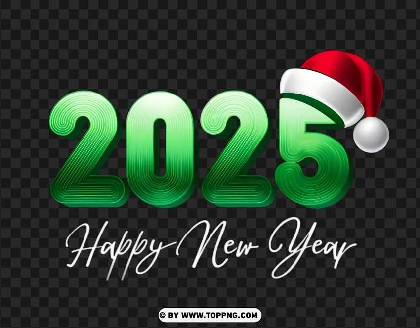 2025 Happy New Year Green Numbers With Santa Hat PNG Transparent Background