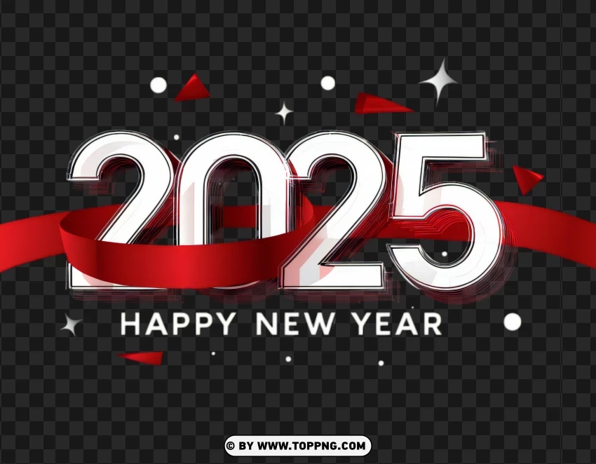 2025 Happy New Year Red Ribbon And Sparkle Design PNG Transparent Background