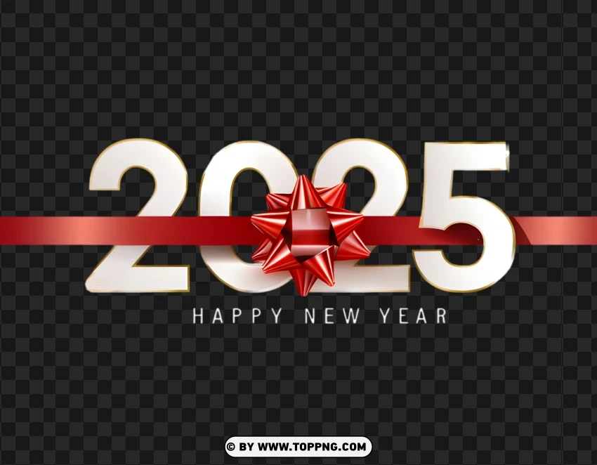 2025 Happy New Year White And Red Ribbon Design PNG Transparent Background