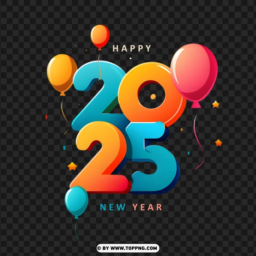 2025 Happy New Year With Colorful Balloons PNG Transparent Background