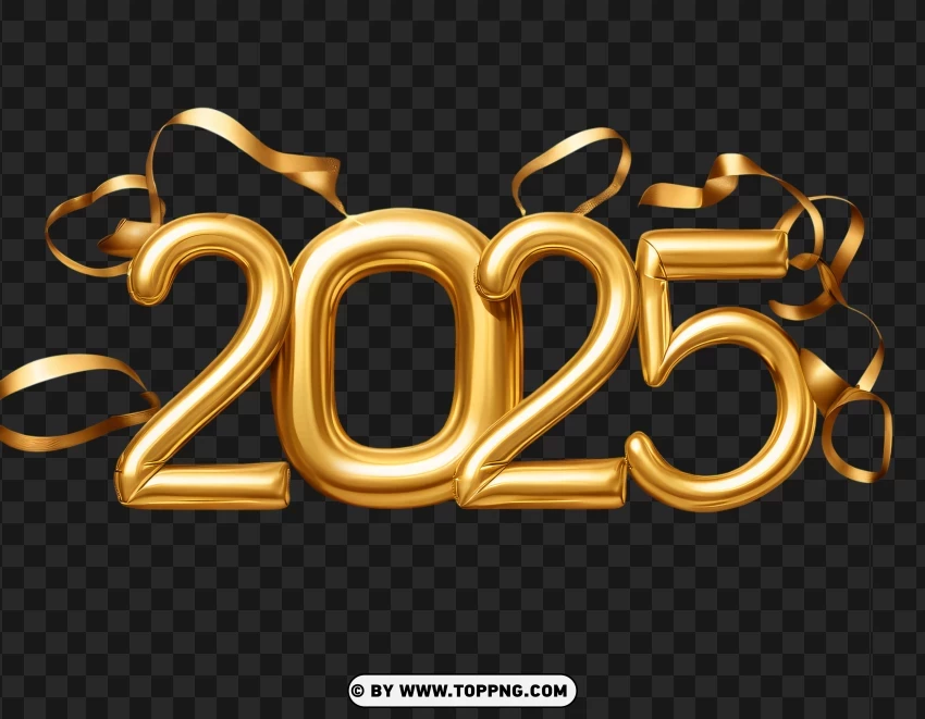 2025 With Golden 3d Numbers With Ribbon And Confetti PNG Transparent Background