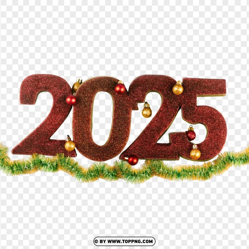 2025 Red Numbers Clipart With Baubles And Garland PNG Transparent Background