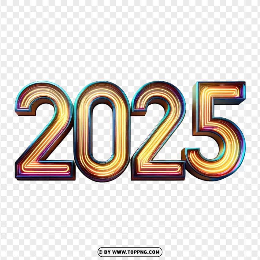 2025 Text With Gold-color Neon Style PNG Transparent Background