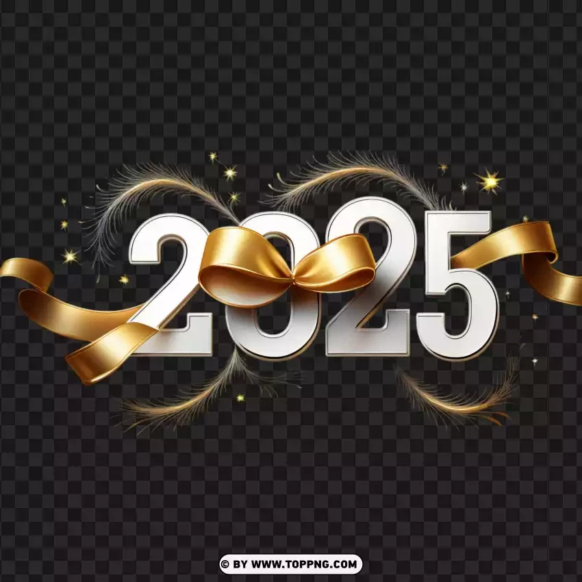 2025 White New Year Design With Golden Ribbon Bow PNG Transparent Background