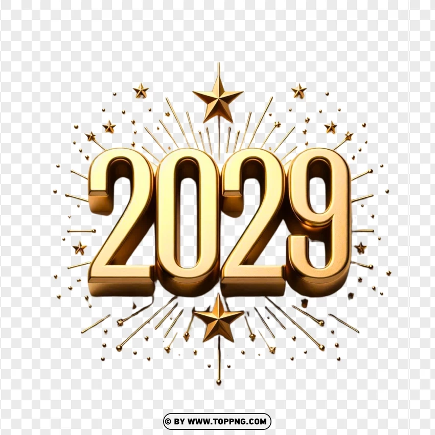 2029 Text Golden Effect With Stars Decoration PNG Transparent Background