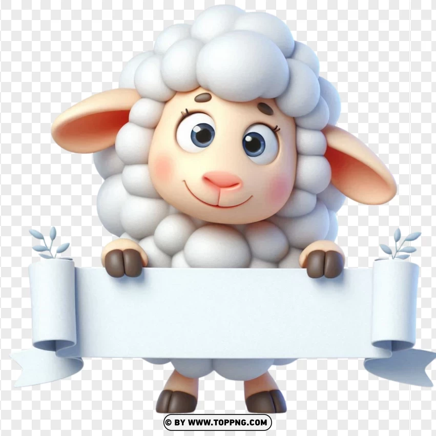 3d Cute Baby Sheep Lamb Cartoon Character Holding Banner PNG Transparent Background