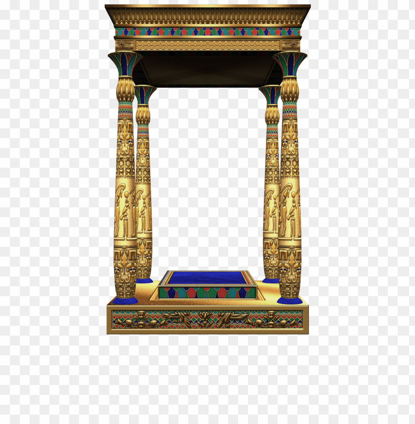 Ornate Egyptian temple with colorful columns and a blue platform PNG